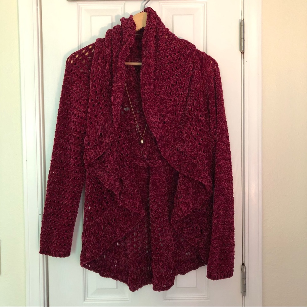 Impossibly soft cranberry crochet cardigan